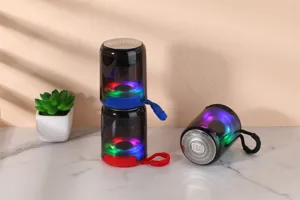Portable wireless bluetooth speaker with colorful LED lights and handy outdoor hanging strap.