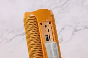 Detailansicht des Anschlussfelds eines tragbaren kabellosen Bluetooth-Lautsprechers.