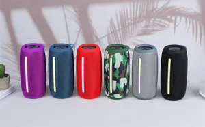 Portable wireless bluetooth speaker with vertical RGB light, waterproof outdoor sound system.