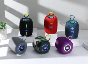 Detailed view of portable mini Bluetooth speakers in multiple vibrant colors with LED lights.
