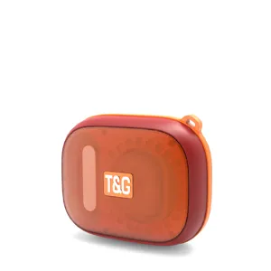 Portable bluetooth speaker detail view, vibrant red and orange waterproof wireless audio device.
