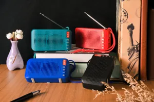 Tragbarer kabelloser Bluetooth-Lautsprecher mit FM-Radio, Antenne und mehreren Farboptionen.