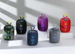 Portable mini bluetooth speaker with colorful LED lights and convenient hanging strap.