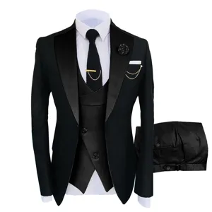 Herren Slim Fit schwarzer dreiteiliger Anzug Detail, elegante Hochzeitsjacke Weste Hose Set.