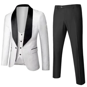 Detail view of men white floral jacquard 3 piece suit tuxedo jacket vest and black trousers.