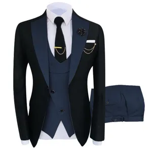 Herren Slim Fit 3-teiliger Anzug mit Kontrastrevers Hochzeit Business Smoking Set