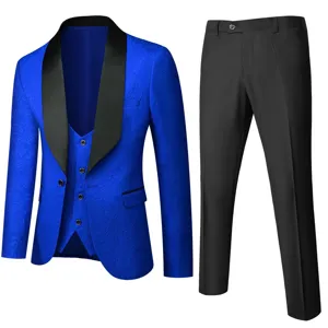 Detailed view of men royal blue jacquard 3-piece suit with black shawl lapel and trousers.
