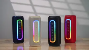 Tragbarer Bluetooth Lautsprecher mit bunten LED Lichtern und kabellosem Sound in Farben.