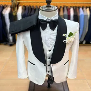 Traje de hombre slim 3 piezas esmoquin chaqueta blanca solapa chal negro boda