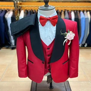 Traje hombre rojo 3 piezas slim fit boda negocios esmoquin con solapa negra y pajarita