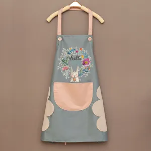 Waterproof kitchen apron with rabbit print, pink pocket and coral fleece hand wipe towels.