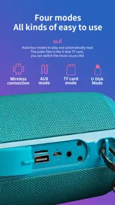 Haut-parleur Bluetooth étanche portable avec quatre modes de lecture et design en tissu coloré.