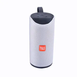Portable wireless bluetooth speaker with fabric mesh, deep bass and convenient hanging strap.