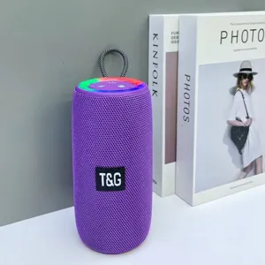 Tragbarer kabelloser Bluetooth-Lautsprecher Detailansicht, kompaktes violettes Mesh-Design.