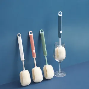 Long handle cup brush with sponge head for cleaning bottles and glassware, 4 colors available.