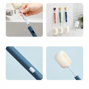 Detachable long handle cup cleaning sponge brush with hanging hook for daily home kitchen use.