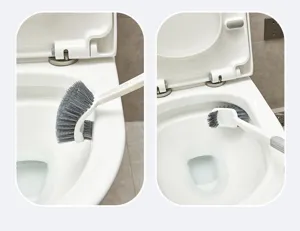Long handle toilet brush with S-shaped curved head, plastic wall-mounted cleaning tool.