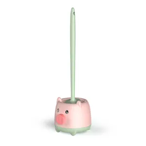 Cute pig design toilet brush set with holder, long handle soft bristle cleaning tool for bathroom.