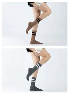 Non-slip yoga socks with double stripes, mid-high pilates dance grip socks for women.