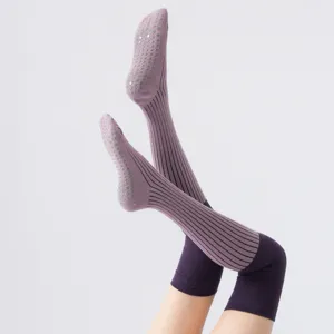 Chaussettes de Yoga Longues pour Femmes Bloc de Couleurs Coton Antidérapant Pilates Compression Jambières Sport