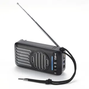 Tragbarer kabelloser Bluetooth-Lautsprecher im Retro-Radio-Design mit Antenne und Band.