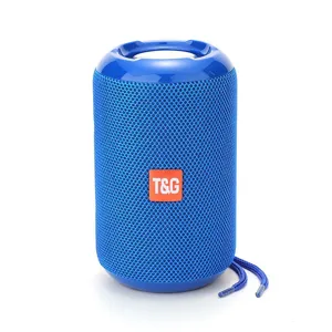Detailaufnahme eines blauen tragbaren Bluetooth-Lautsprechers mit Stoffnetz und Logo.