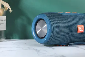 Vue détaillée du haut-parleur Bluetooth portable bleu avec tissu et radiateur de basses.
