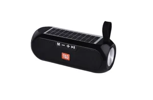 Portable solar Bluetooth speaker detail view showing solar panel and control buttons.