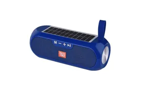Detail view of portable solar bluetooth speaker with top solar panel and control buttons.