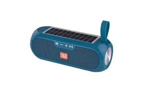 Outdoor solar bluetooth speaker close-up showing solar panel and control buttons.
