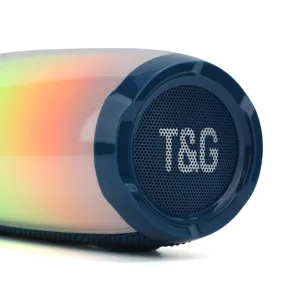 Vue detaillee de l'enceinte Bluetooth portable avec spectacle lumineux LED et base bleue.