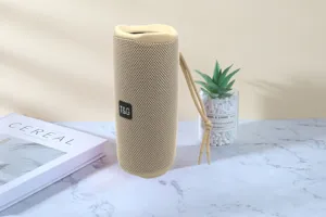 Tragbarer kabelloser Bluetooth-Lautsprecher mit stilvollem Mesh-Design und praktischer Trageschlaufe.