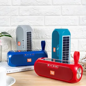 Portable solar bluetooth speaker with outdoor design, deep bass, and convenient carrying strap.