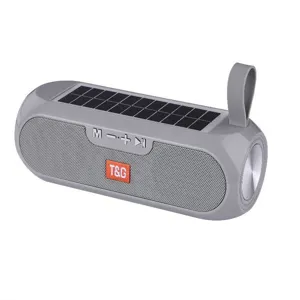 Portable outdoor solar bluetooth speaker with carrying strap and built-in battery for music.