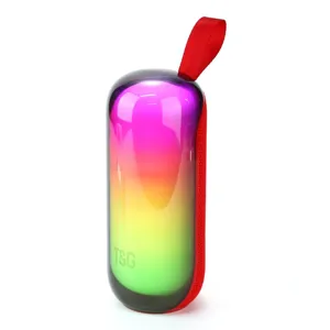 Vue détaillée du mini haut-parleur Bluetooth portable avec lumières RGB et sangle rouge.