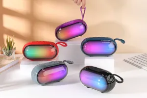Portable wireless Bluetooth speaker with vibrant RGB lights, TWS bass, and convenient hanging strap.