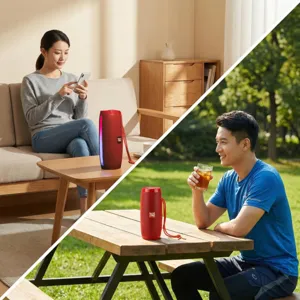 Vue détaillée de l'enceinte Bluetooth sans fil portable avec lumières LED et dragonne.