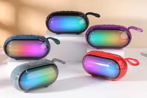 Detail shot of portable RGB wireless bluetooth speakers showcasing vibrant gradient lights.