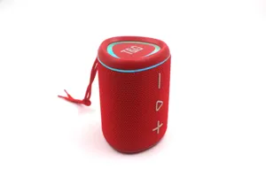 Portable wireless bluetooth speaker with led lights and fabric mesh design detail view