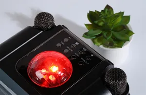 Wireless bluetooth karaoke speaker detail shot with colorful disco lights and dual microphones.