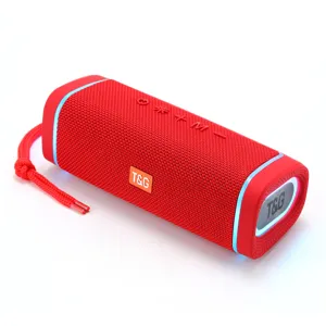 Tragbarer kabelloser Bluetooth-Lautsprecher mit rotem Stoffnetz und LED-Leuchten für draußen.