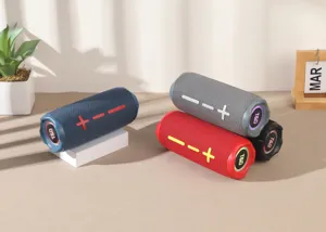 Portable outdoor bluetooth speaker with RGB lights, waterproof mesh fabric and deep bass sound.