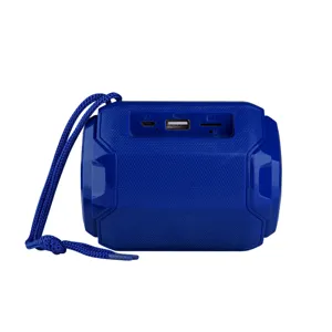 Détail d'enceinte bluetooth sans fil portable bleue avec ports de connexion et lanière.