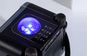 Portable karaoke speaker detail view showcasing disco light ball, dual mic slots and control buttons.