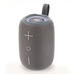 Haut-parleur Bluetooth sans fil gris portable vue détaillée avec éclairage LED et sangle.