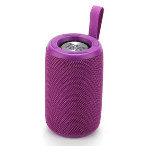 Tragbarer kabelloser Bluetooth-Lautsprecher in Lila mit praktischer Trageschlaufe und Stoff