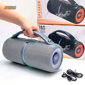 Detailed view of portable bluetooth speaker with fabric mesh, handle and rgb lights.