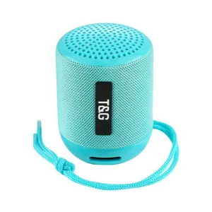 Mini altoparlante Bluetooth portatile ciano con comodo cordino, vista ravvicinata dettagliata.