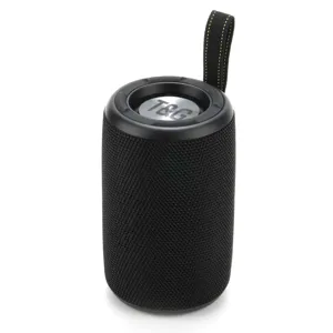 Tragbarer kabelloser Bluetooth-Lautsprecher Detail mit Textilnetz und stabilem Gurt.