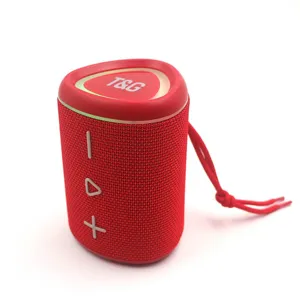 Portable red bluetooth speaker with fabric mesh, TWS function and LED lights for outdoor use.